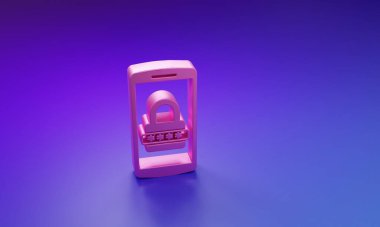 Mor-mavi arka planda izole edilmiş pembe cep telefonu ve şifre koruma simgesi. Güvenlik, güvenlik, kişisel erişim, kullanıcı izni, mahremiyet. Minimalizm kavramı. 3 Boyutlu resimleme.