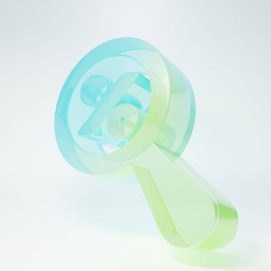 Beyaz arka planda yüzde yüz indirim ikonu olan buzlu cam büyüteç. İndirimli aramalar. İndirim tabelasını ara. Minimalizm kavramı. 3 Boyutlu resimleme.