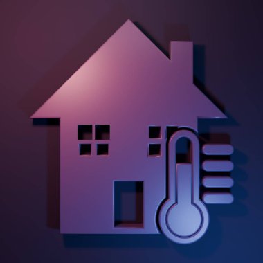 Mor Ev sıcaklığı ikonu mor-mavi arka planda izole edilmiş. Termometre simgesi. Minimalizm kavramı. 3 Boyutlu resimleme.