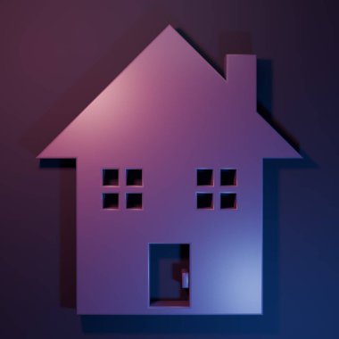 Mor Ev ikonu, mor-mavi arka planda izole edilmiş. Ev sembolü. Minimalizm kavramı. 3 Boyutlu resimleme.