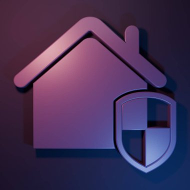 Mor Ev, mor-mavi arka planda izole edilmiş koruma ikonu altında. Ev ve kalkan. Koruma, güvenlik, güvenlik, koruma, savunma konsepti. Minimalizm kavramı. 3 Boyutlu resimleme.