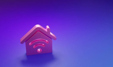 Mor-mavi arka planda izole edilmiş Wi-Fi ikonu olan Pink Smart evi. Uzaktan kumanda. Minimalizm kavramı. 3 Boyutlu resimleme.