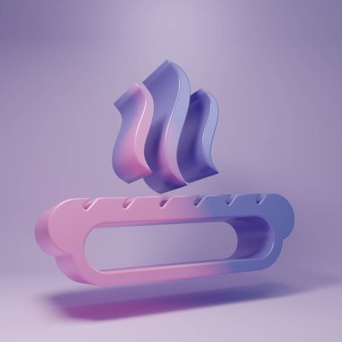 Mor arkaplanda hardal simgesi olan mor sosisli sandviç. Sosis ikonu. Fast food burcu. Minimalizm kavramı. 3 Boyutlu resimleme.