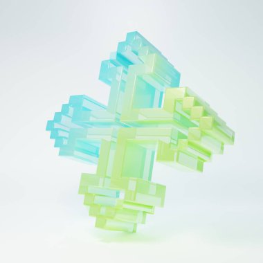 Beyaz arkaplanda izole edilmiş dört yönlü buzlu cam pikselli oklar. İmleç taşıma işareti. Minimalizm kavramı. 3 Boyutlu resimleme.