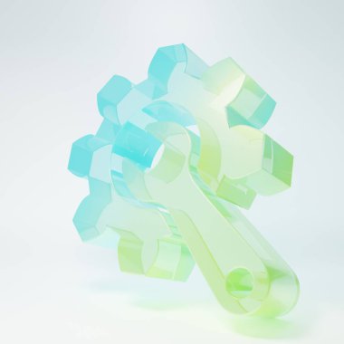 Buzlu cam anahtarı ve vites simgesi beyaz arka planda izole edilmiş. Ayarlama, servis, ayar, bakım, onarım, onarım. Minimalizm kavramı. 3 Boyutlu resimleme.