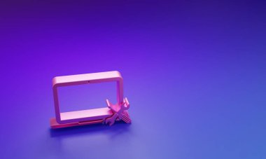 Mor-mavi arka planda izole edilmiş tornavida ve anahtar ikonlu pembe dizüstü bilgisayar. Ayarlama, servis, ayar, bakım, onarım, onarım. Minimalizm kavramı. 3 Boyutlu resimleme.