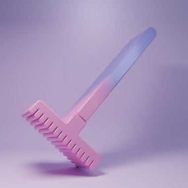 Mor Bahçe tırmık simgesi mor arkaplanda izole edilmiş. Bahçecilik, tarım, çiftçilik aleti. Toprak işçisi. Temizlik ekipmanları. Minimalizm kavramı. 3 Boyutlu resimleme.