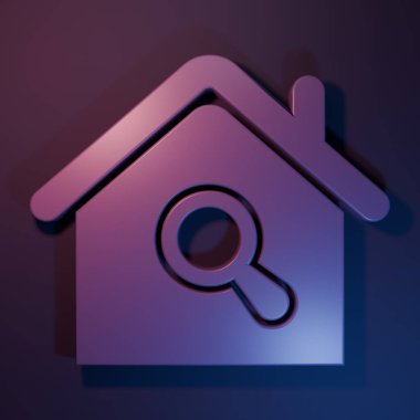 Mor arama evi simgesi mor-mavi arkaplanda izole edildi. Büyüteç altındaki bir evin emlak sembolü. Minimalizm kavramı. 3 Boyutlu resimleme.