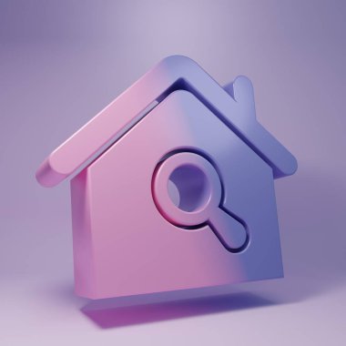 Mor Arama Evi simgesi mor arkaplanda izole edildi. Büyüteç altındaki bir evin emlak sembolü. Minimalizm kavramı. 3 Boyutlu resimleme.