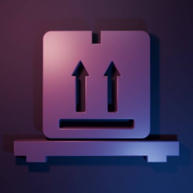 Mor-mavi arkaplanda izole edilmiş palet simgesinde mor karton kutular. Kırılgan işaretli kapalı karton teslimat kutusu. Minimalizm kavramı. 3 Boyutlu resimleme.