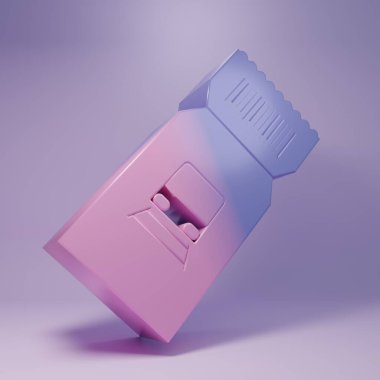 Mor renkli tren bileti ikonu, mor arka planda izole edilmiş. Demiryolu ile seyahat et. Minimalizm kavramı. 3 Boyutlu resimleme.