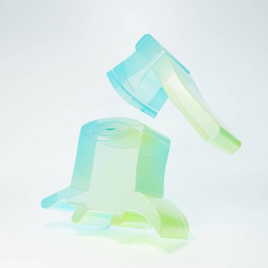 Beyaz arka planda izole edilmiş ağaç gövdesindeki buzlu tahta balta. Oduncu baltası. Balta tahtaya saplanmış. Minimalizm kavramı. 3 Boyutlu resimleme.