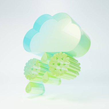 Beyaz zemin üzerinde kar ve yağmur ikonu olan buzlu cam bulut. Hava durumu simgesi. Minimalizm kavramı. 3 Boyutlu resimleme.