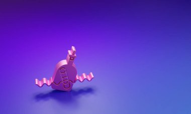 Mor-mavi arka planda izole edilmiş su ikonunda bir mesaj olan pembe cam şişe. Şişedeki mektup. Korsanların sembolü. Minimalizm kavramı. 3 Boyutlu resimleme.