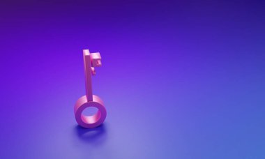 Mor-mavi arkaplanda izole edilmiş pembe korsan anahtar simgesi. Minimalizm kavramı. 3 Boyutlu resimleme.