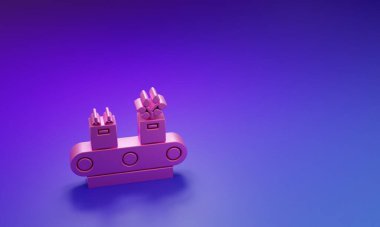 Mor-mavi arkaplanda izole edilmiş karton kutu simgesiyle pembe taşıma bandı. Minimalizm kavramı. 3 Boyutlu resimleme.