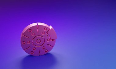 Mor-mavi arka planda izole edilmiş kalibre ikonlu pembe araba fren diski. Minimalizm kavramı. 3 Boyutlu resimleme.