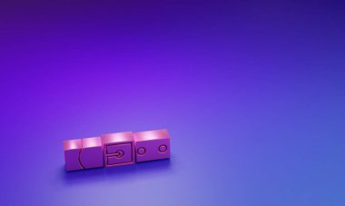 Mor-mavi arka planda izole edilmiş düğmeli çelik toka ikonu olan pembe deri kemer. Minimalizm kavramı. 3 Boyutlu resimleme.