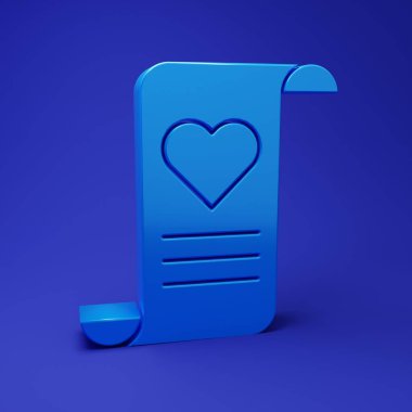 Mavi zarfta mavi arka planda Sevgililer Günü kalp ikonu var. Mesaj aşkım. Aşk ve romantizm mektubu. Minimalizm kavramı. 3 Boyutlu resimleme.
