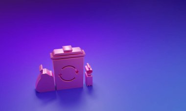 Mor-mavi arkaplanda izole edilmiş geri dönüşüm sembolü olan pembe geri dönüşüm kutusu. Çöp kutusu simgesi. Çöp kutusu tabelası. Geri dönüşüm sepeti. Minimalizm kavramı. 3 Boyutlu resimleme.