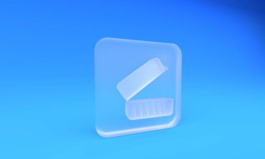 Buzlu cam beslenme çantası simgesi mavi arka planda izole edilmiş. Kare buzlu cam düğme. 3 Boyutlu resimleme.