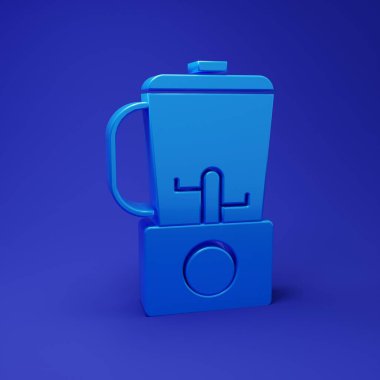 Mavi Blender simgesi mavi arkaplanda izole edildi. Mutfak elektrikli kırıcı ve kase. Meyve suyu, kokteyl ya da meyve suyu. Minimalizm kavramı. 3 Boyutlu resimleme.