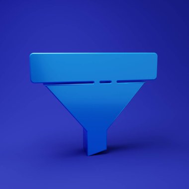 Mavi arka planda izole edilmiş pazarlama ve girişim simgesi için okları olan Blue Sales hunisi. Bilgi şablonu. Minimalizm kavramı. 3 Boyutlu resimleme.