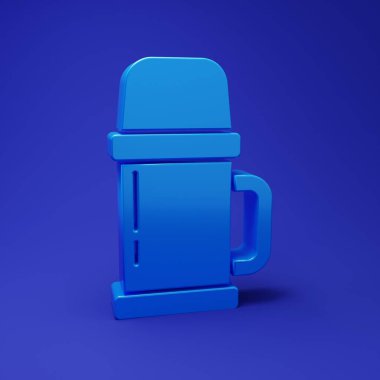 Mavi arkaplanda mavi termos konteynır simgesi izole edildi. Termo matara ikonu. Kamp ve yürüyüş ekipmanları. Minimalizm kavramı. 3 Boyutlu resimleme.