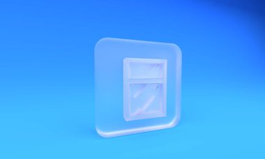 Mavi arkaplanda izole edilmiş pencere simgesi için buzlu cam temizleme servisi. Silecek, kazıyıcı, silecek. Kare buzlu cam düğme. 3 Boyutlu resimleme.