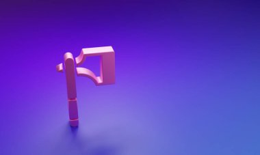 Mor-mavi arka planda izole edilmiş pembe tahta balta simgesi. Oduncu baltası. Minimalizm kavramı. 3 Boyutlu resimleme.