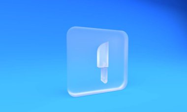 Buzlu cam bıçak ikonu mavi arka planda izole edilmiş. Çatal bıçak sembolü. Kare buzlu cam düğme. 3 Boyutlu resimleme.