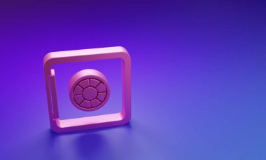 Mor-mavi arkaplanda izole edilmiş pembe kasa simgesi. Kapı, şifreli bir banka kasası. Güvenilir Veri Koruma. Minimalizm kavramı. 3 Boyutlu resimleme.