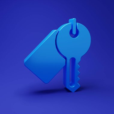 Mavi İşaretli anahtar simgesi mavi arkaplanda izole edildi. Minimalizm kavramı. 3 Boyutlu resimleme.