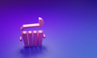 Mor-mavi arka planda pembe sauna kovası ve kepçe ikonu. Minimalizm kavramı. 3 Boyutlu resimleme.