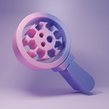 Mor arka planda izole edilmiş büyüteç simgesinin altındaki mor virüs. Corona virüsü 2019-nCoV. Bakteriler, mikroplar, mantarlar. Minimalizm kavramı. 3 Boyutlu resimleme.