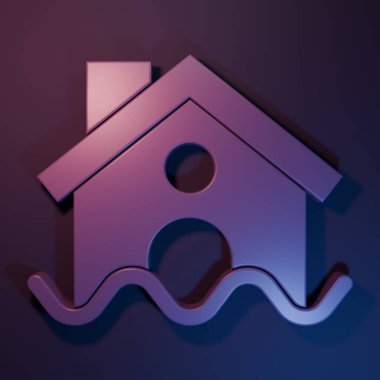 Mor Ev sel ikonu, mor-mavi arka planda izole edilmiş. Suyun altındaki evi sel basıyor. Sigorta konsepti. Güvenlik, güvenlik, koruma, konsept koruma. Minimalizm kavramı. 3 Boyutlu resimleme.