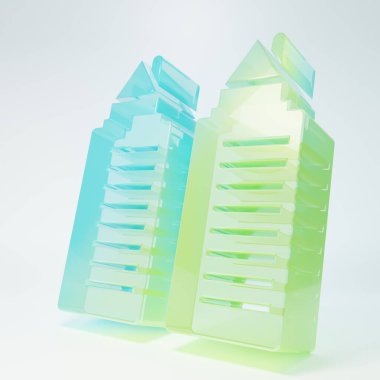 Dnipro şehir ikonunda beyaz arka planda izole edilmiş iki yüksek konut kulesi. Minimalizm kavramı. 3 Boyutlu resimleme.