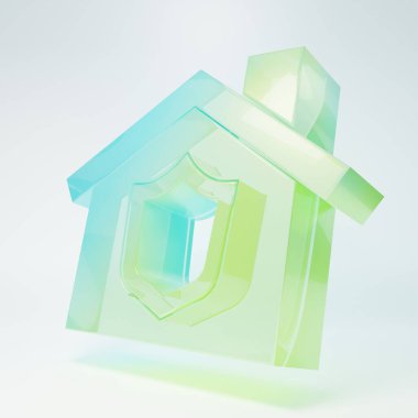 Frosted glass House with shield icon isolated on white background. Insurance concept. Security, safety, protection, protect concept. Minimalism concept. 3D render illustration.