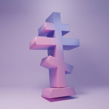 Mor Hıristiyan haç simgesi mor arka planda izole edilmiş. Kilise haçı. Minimalizm kavramı. 3 Boyutlu resimleme.