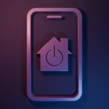 Mor-mavi arka planda izole edilmiş akıllı ev simgesine sahip mor cep telefonu. Uzaktan kumanda. Minimalizm kavramı. 3 Boyutlu resimleme.
