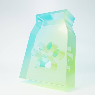 Beyaz arka planda izole edilmiş evcil hayvan ikonu için buzlu cam yiyecek torbası. Hayvanlar için yiyecek. Köpek kemiği işareti. Hayvan maması paketi. Minimalizm kavramı. 3 Boyutlu resimleme.