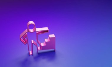 Mor-mavi arka planda izole edilmiş bitiş bayrağı simgesine sahip pembe merdiven. Kariyer gelişimi konsepti. İş geliştirme kavramı. Minimalizm kavramı. 3 Boyutlu resimleme.