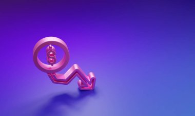 Mor-mavi arkaplanda izole edilmiş pembe dolar oranı azaltımı simgesi. Maliyet düşüşü. Aşağı ok ile para sembolü. İş kaybı kriz azalıyor. Minimalizm kavramı. 3 Boyutlu resimleme.