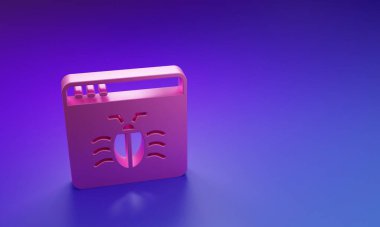 Mor-mavi arkaplanda izole edilmiş pembe sistem hata konsepti simgesi. Kod hatası konsepti. Sistemde hata var. Böcek araması. Minimalizm kavramı. 3 Boyutlu resimleme.