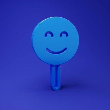 Mavi Gülen Yüz simgesi mavi arkaplanda izole edilmiş. Gülümseyen ifade. Mutlu gülümseme sohbet sembolleri. Minimalizm kavramı. 3 Boyutlu resimleme.