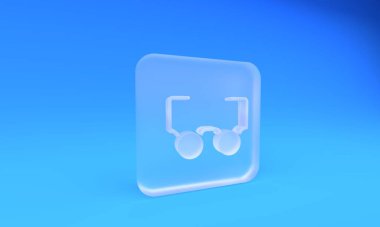 Mavi arka planda izole edilmiş buzlu cam gözlük simgesi. Gözlük çerçevesi sembolü. Kare buzlu cam düğme. 3 Boyutlu resimleme.