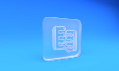 Mavi arka planda izole edilmiş pedikür ikonu için buzlu cam parmak ayırıcı. Kare buzlu cam düğme. 3 Boyutlu resimleme.