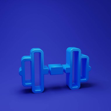 Mavi Dumbbell simgesi mavi arkaplanda izole edildi. Kas kaldırma, fitness halteri, spor malzemeleri. Minimalizm kavramı. 3 Boyutlu resimleme.