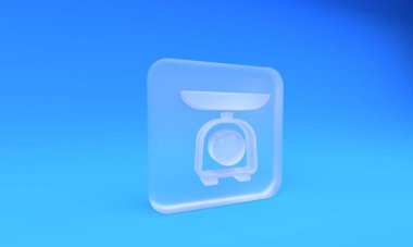 Mavi arkaplanda izole edilmiş buzlu cam ölçeklendirme simgesi. Ağırlık ölçüm aletleri. Kare buzlu cam düğme. 3 Boyutlu resimleme.