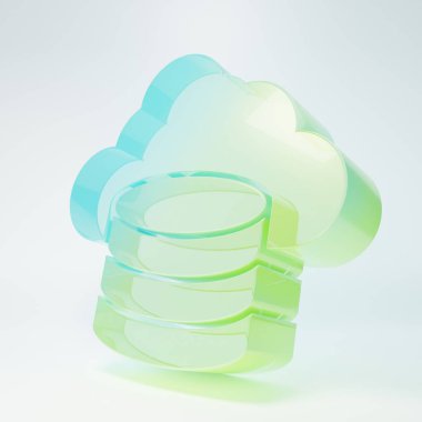 Buzlu cam bulut veritabanı simgesi beyaz arkaplanda izole edildi. Bulut hesaplama konsepti. Veri aktarımlı dijital servis ya da uygulama. Minimalizm kavramı. 3 Boyutlu resimleme.